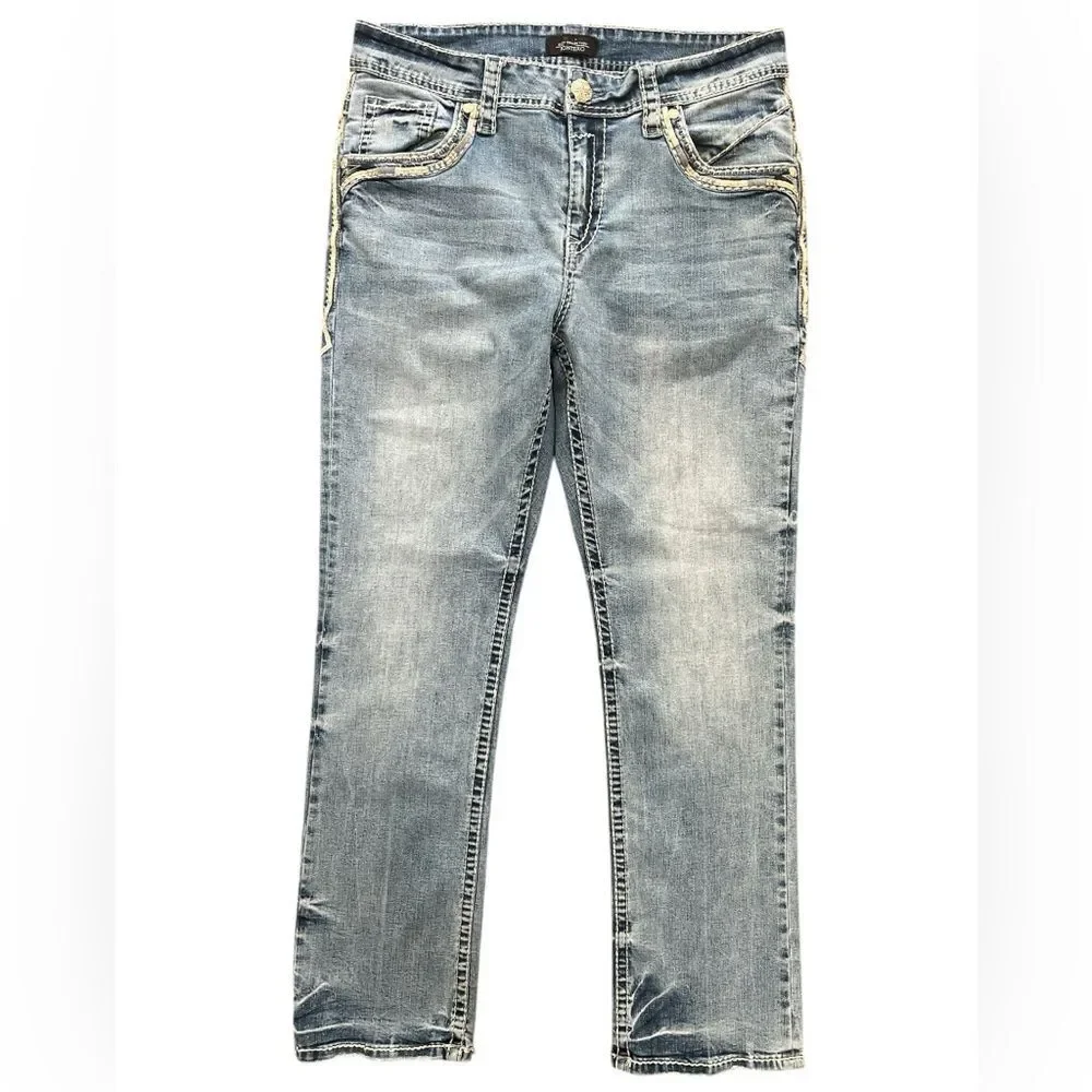 MONTERO Men's Bootcut Jeans Size 36 Modern Cowboy Embroidered Whipstitch - Picture 6 of 11